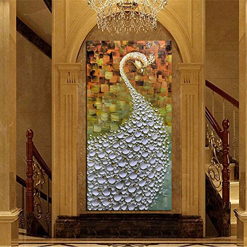 V-inspire Paintings, 20x40 Inch Modern Abstract Painting Peacock flaunting its tail Oil Hand Painting 3D Hand-Painted On Canvas Abstract Artwork Art Wood Inside Framed Hanging Wall Decoration - Thumbnail 5
