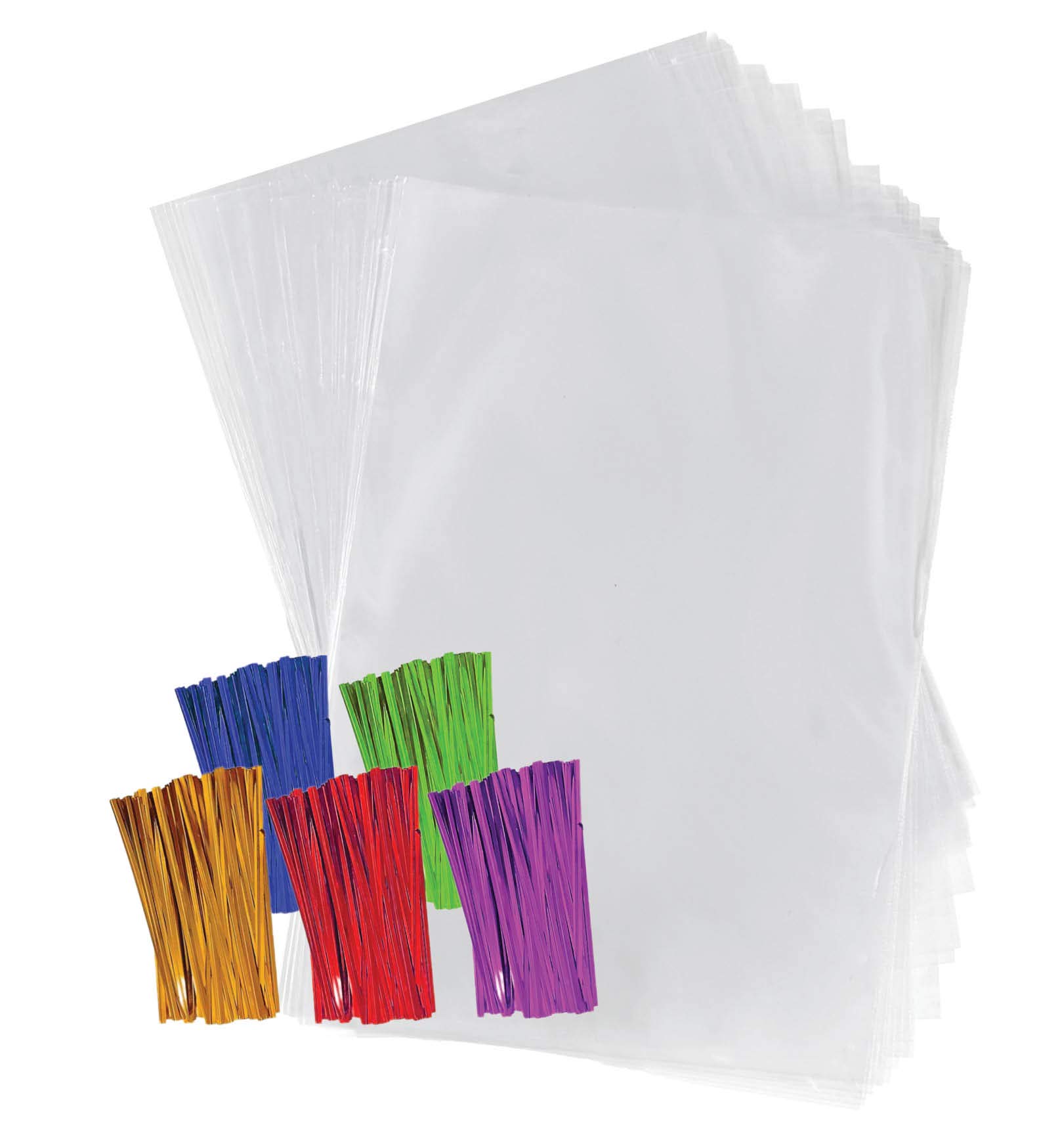 Purple Q Crafts Clear Plastic Cellophane Bags with 4" Colored Twist Ties for Gifts Party Favors (8"x10" 50 Pack)