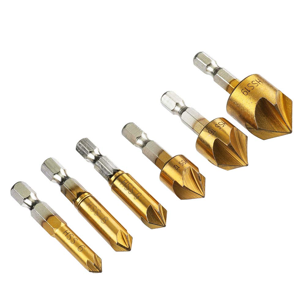 CEFEPH 6pcs 6mm-19mm 5 Flute Countersink Drill Bit Set 90 Counter Sink Chamfer Cutter 1/4 Inch Hex Shank