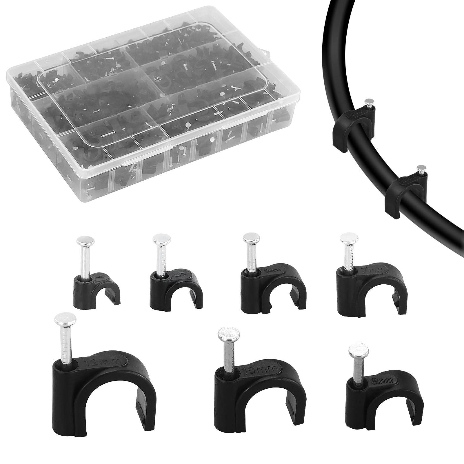 LONGDENEKHALIQ 630PCS 7 Sizes Black Cable Clips, 4-12 mm, Assortment, Wall Clips, Outdoor Clips, for Wire, Ethernet, Telephone, TV Wire