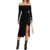 KUTUMAI Women Fall Off Shoulder Sweater Bodycon Midi Dress Long Sleeve Slit Cocktail Formal Wedding Guest Dresses