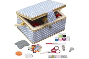 Sewing Box with Sewing Kit Accessories, D&D Wooden Sewing Basket Organizer with Accessories for Home, Travel, Blue Polka Dot