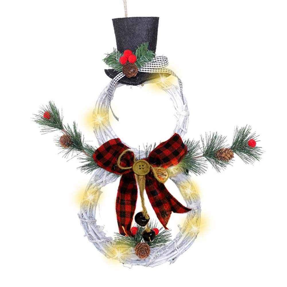 VKTY Snowman Wreath for Door,Battery Operated Christmas Snowman Wreath with Ornaments LED Front Door Wreaths for Christmas Home Kitchen Wall Window Hall Decor,16(H) by 8(W) Inch
