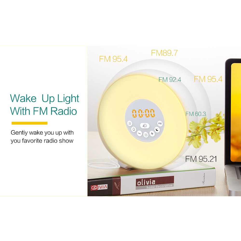 Reliatronic Sunrise Alarm Clock, Wake-Up Light Alarm Clock with 6 Nature Sounds, 7 Colors Light, FM Radio, USB Charger,Touch Control