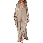 Bsubseach 2026 Long Kaftan Dresses Muumuu Plus Size V Neck Vintage Caftan Coverup Sexy Satin Dress