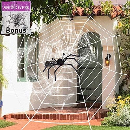 11.8 Feet Black Plush Spider Web Stretch Cobweb Set with Realistic Looking Hairy Spider, Best for Halloween Outdoor Yard Haunted House Party Decoration, Decor Supplies Props Party Favor (White Web)