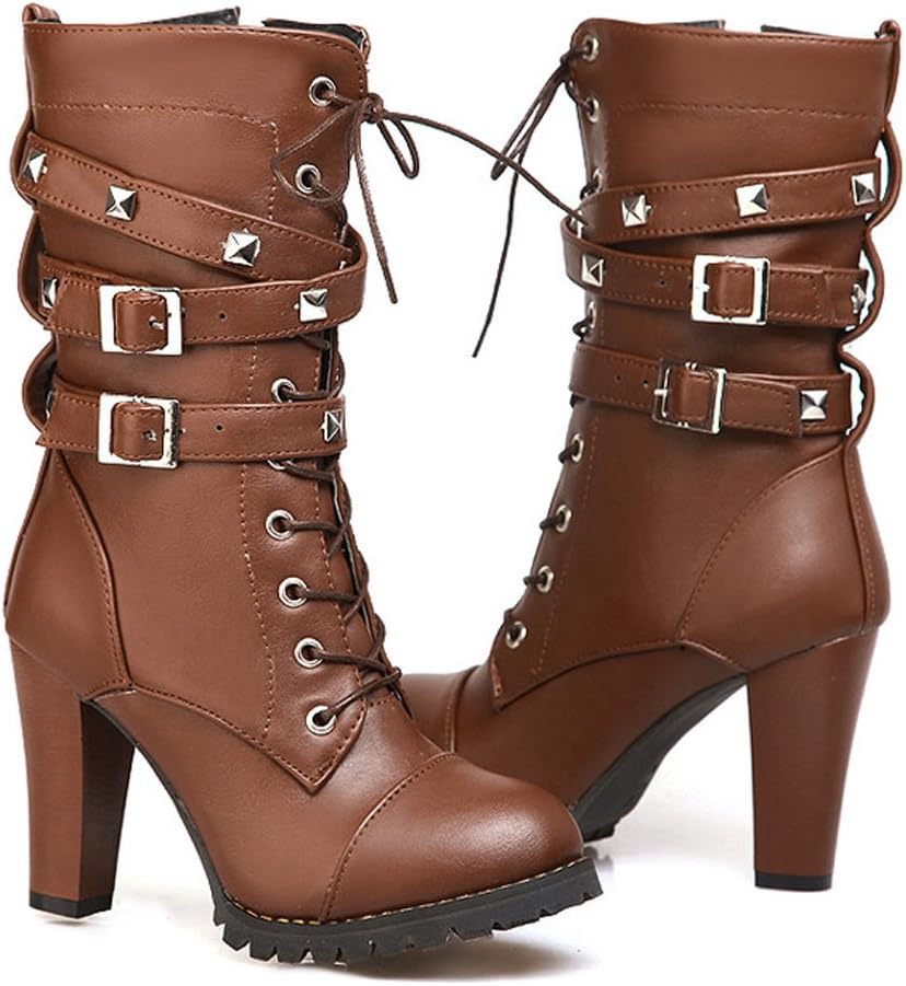 Mostrin Women Motorcycle High Heels Punk Buckle Rivet Strap Combat Military Mid Calf Boots