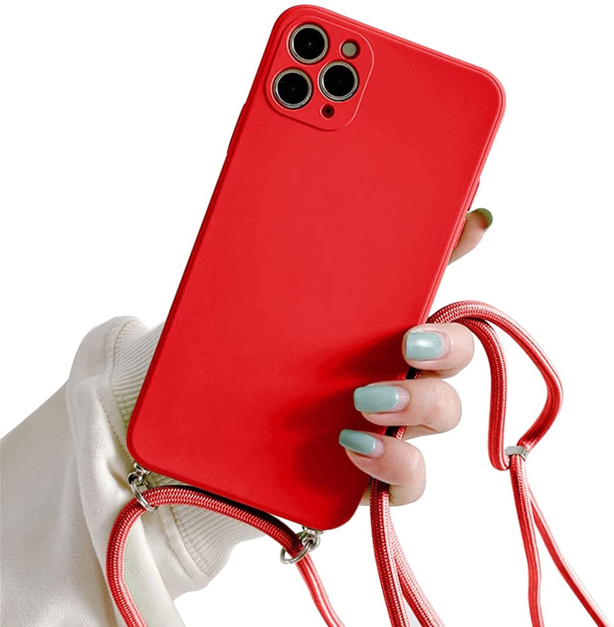 Galful Mobile phone chain for iPhone 14 Pro Max 6.7", silicone case with lanyard smartphone necklace protective bumper with strap shockproof lanyard case cover red