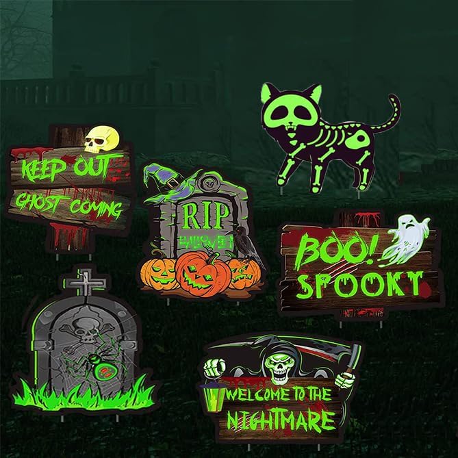 Yard Signs - 6 Pack Halloween Yard Signs,Glow in the Dark Skeleton Tombstones Black Cat Lawn Signs Scary Halloween Decorations with Stakes for Yard Lawn Garden Party Supplies Outdoor Decoration