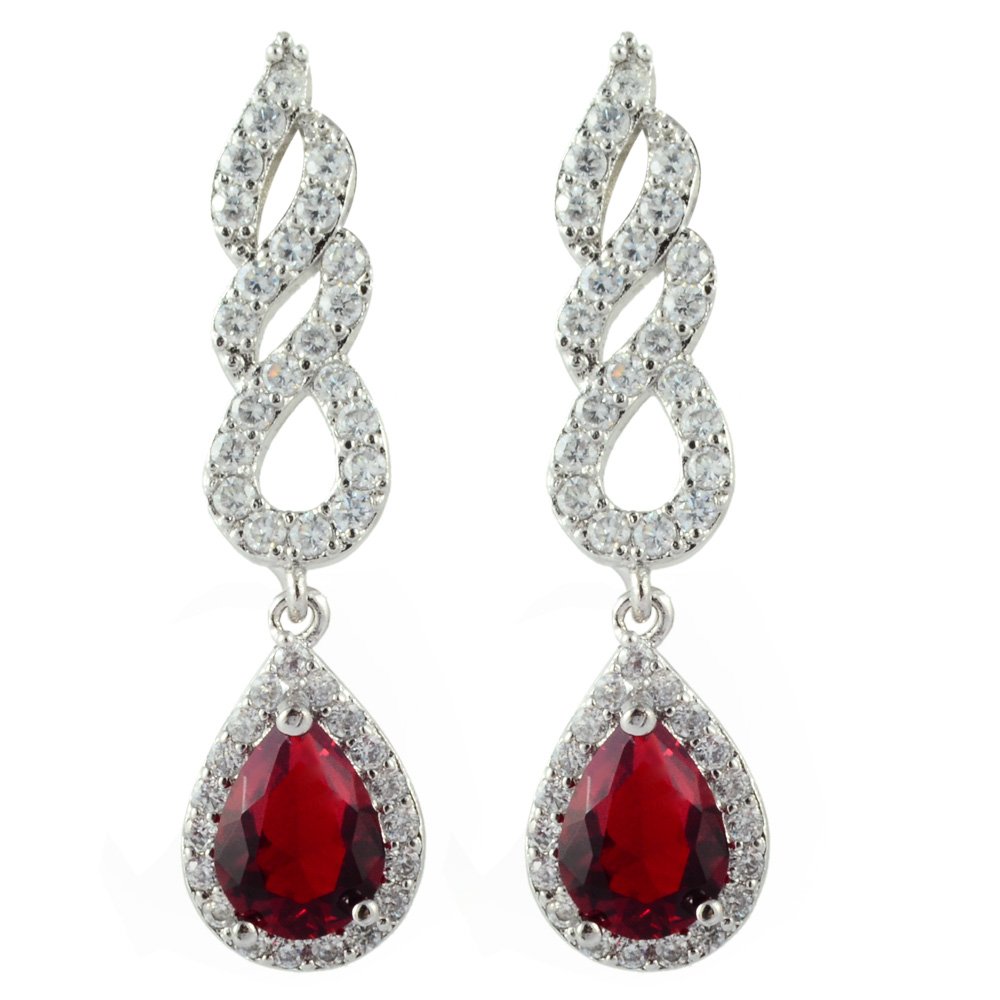 [RIZILIA TEARDROP] Dangle Pierced Earrings with Pear Cut Gemstones CZ [Red Ruby] in 18K White Gold Plated, Simple Modern Elegance