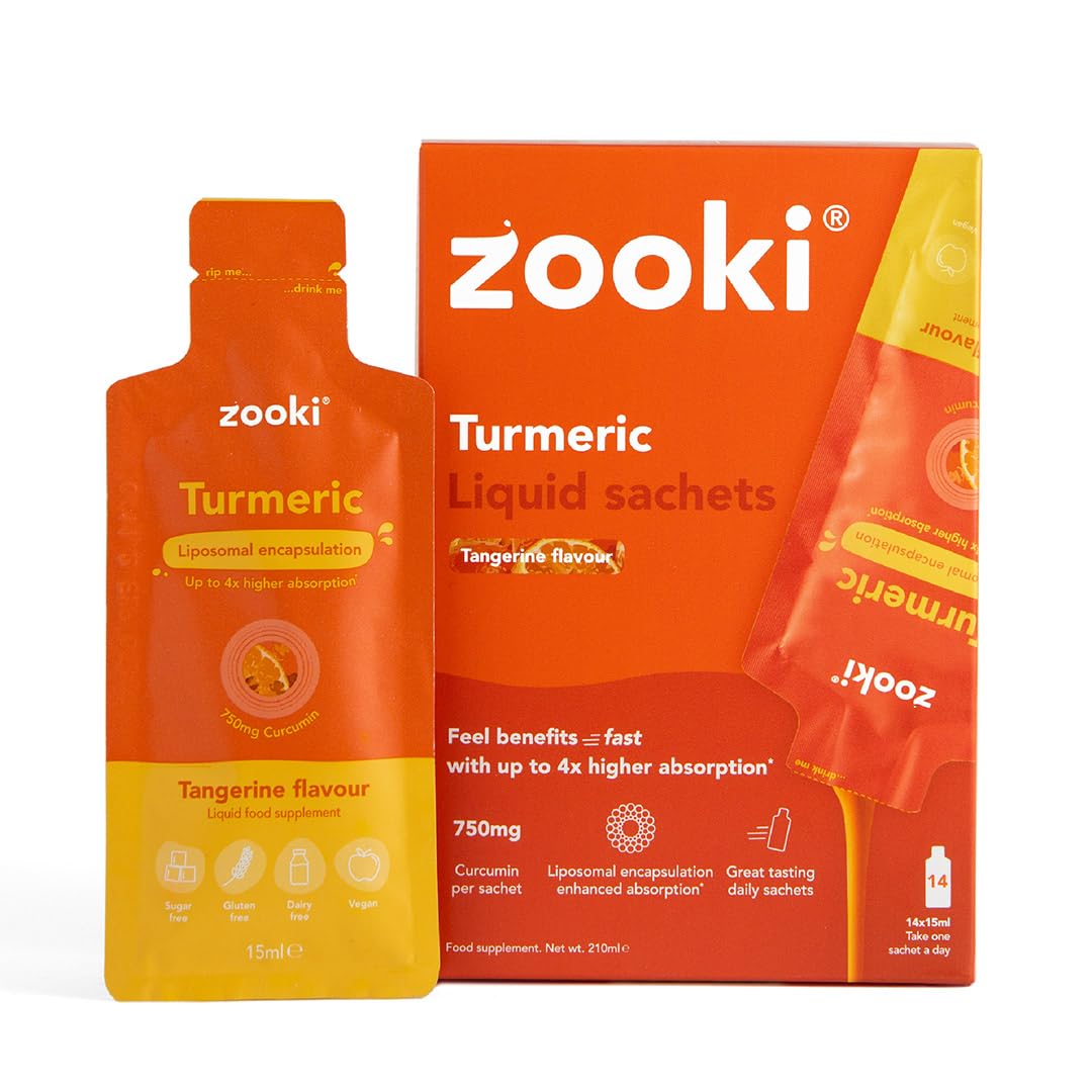 Zooki Liposomal Curcumin 750mg Liquid Turmeric Sachets, High Strength Turmeric Curcumin Supplement, Antioxidant Support, Vegan Liposomal Curcumin Liquid Turmeric (Tangerine Flavour, 14 Servings)