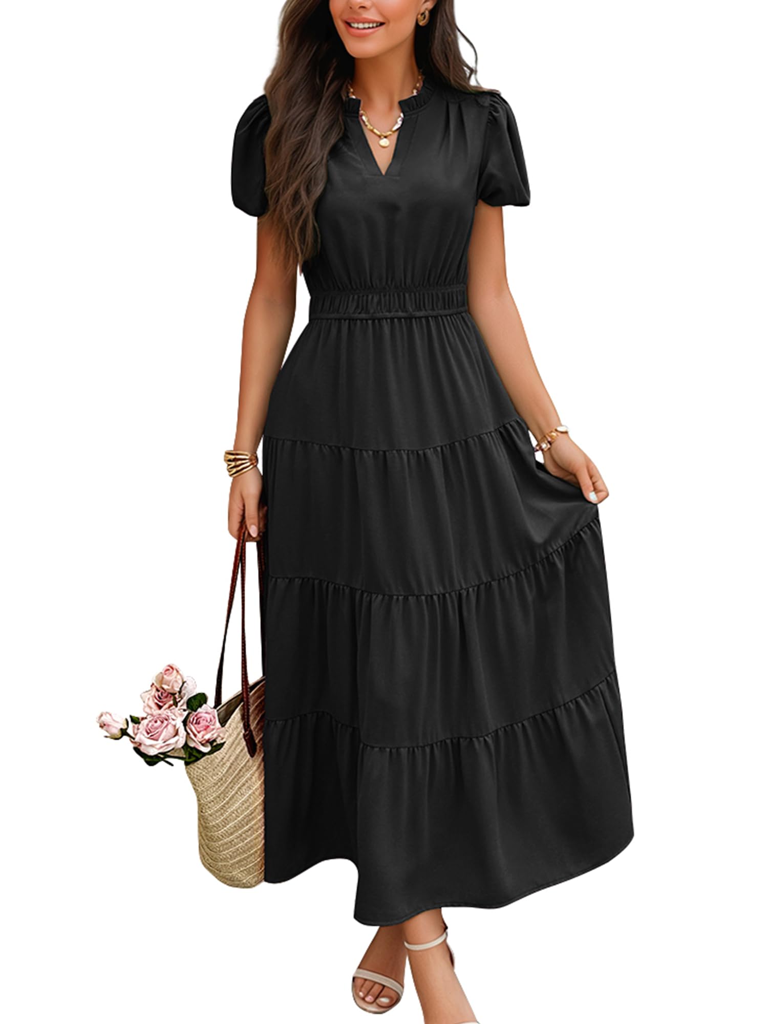 Photo 1 of ECOWISH Womens Midi Dress Summer Spring Short Sleeve Button Front Casual A Line Maxi Shirt Dresses with V Neck Pockets 2057 25Black Small