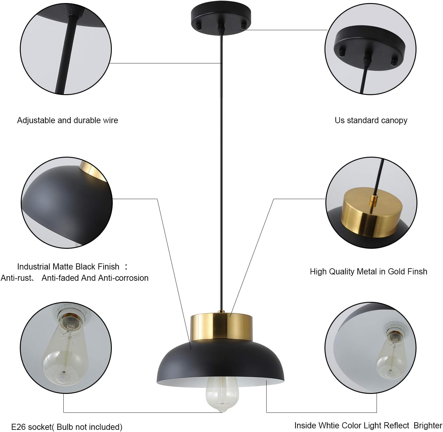 Black and Gold Pendant Lighting, Modern 1-Light Adjustable Pendant Light, Minimalist Ceiling Hanging Lamp for Kitchen Island, Barn, Dining Room, Living Room, Bedroom - - 