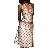 Milumia Women's 2 Piece Outfit Polka Dots Deep V Neck Halter Crop Top Midi Skirt Sets