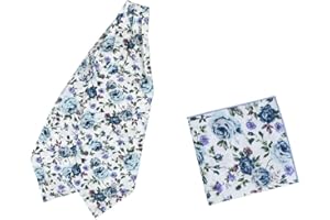 Dan Smith White Floral 135-Cm-Long Tall Cotton Long-Self Ascot Necktie Pocket-Square Set Formal Marketing Management C.C.AQ.F.043 White,Medium Purple,Dark Green,Dark Blue