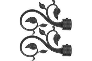 HEALEEP 2pcs Matte Black Curtain Pole Metal Finials Leaf Design Curtain Rod End Caps for Window Drapery Rods