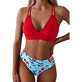 Tainehs Women's Push Up V Neck Bikini Sets Criss Cross Back Two Piece Bathing Suit