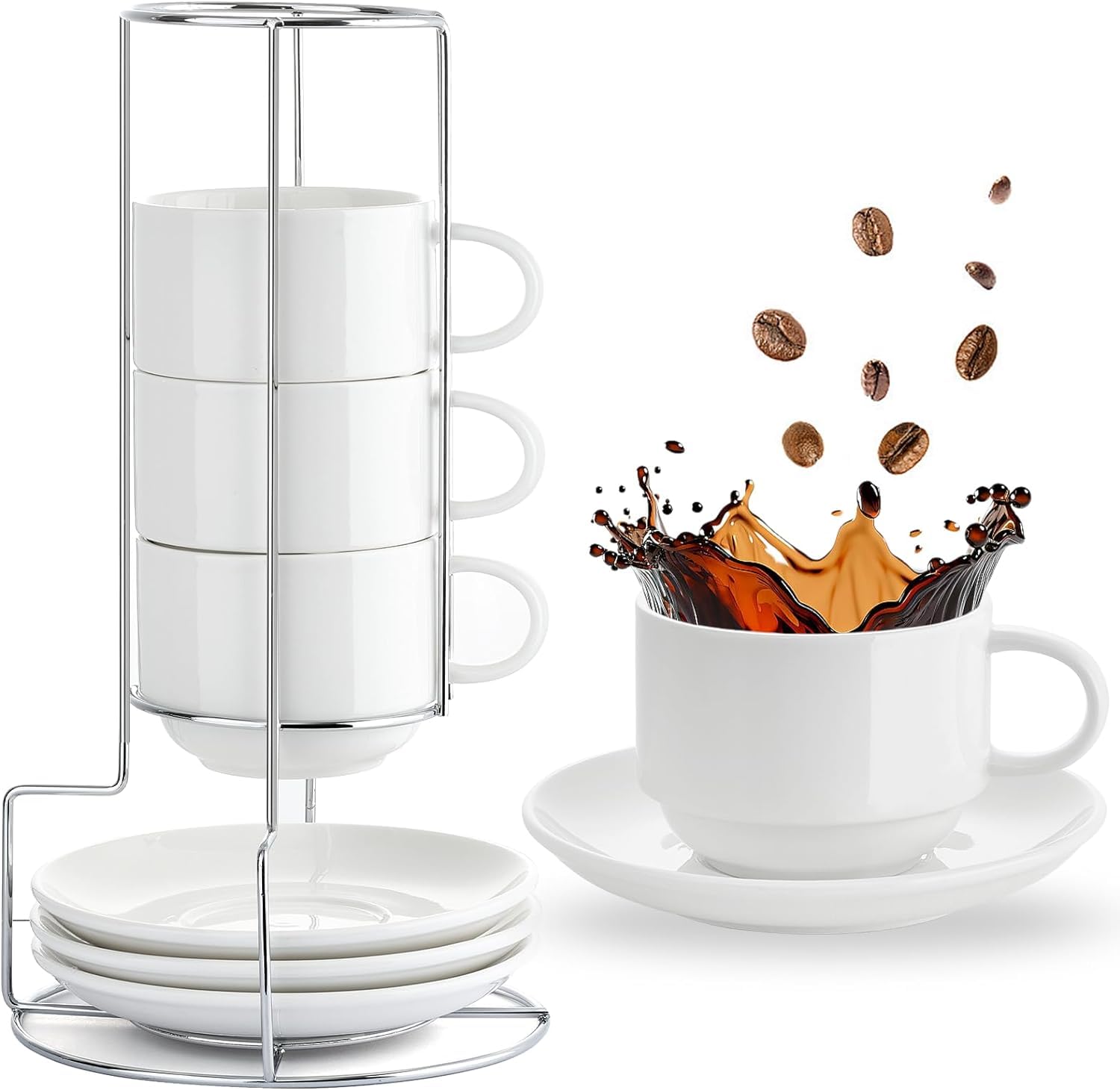 Photo 1 of Mfacoy 8 Ounce Porcelain Cappuccino Cups with Saucers and Metal Stand, Stackable Coffee Cups for Specialty Coffee Drinks, Cappuccino, Latte, Espresso, Americano and Tea - White Cups Set of 4