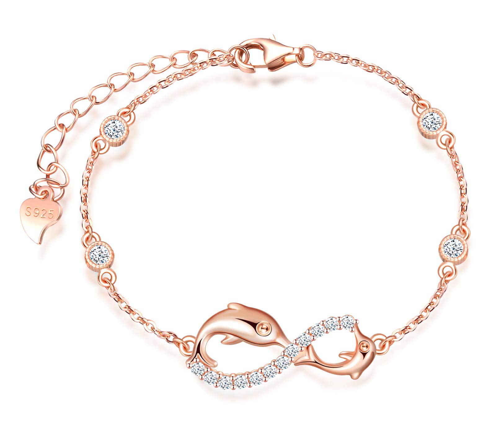 INFINIONLY Women's Girl's 925 sterling silver Bracelet, Cute dolphin infinity symbol bracelet, Inlaid zircon, rose gold, Christmas Valentine's Day and Birthday gift