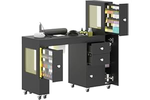 KIKIHOUSE Manicure Table for Nail Tech w/ LED Light Display Cabinet, Nail Desk with Lockable Wheels, Dust Collector, Drawers, Wrist Rest, Acetone-Resistant, for Beauty Salon, Spa & Home Workstation (Black)