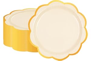 EVYIENEN 50 Pcs White Paper Plates,7 Inches Gold Foil Disposable Scalloped Paper Party Plates for Cake Dessert Halloween Fall Thanksgiving Birthday Wedding Baby Shower Party Decorations