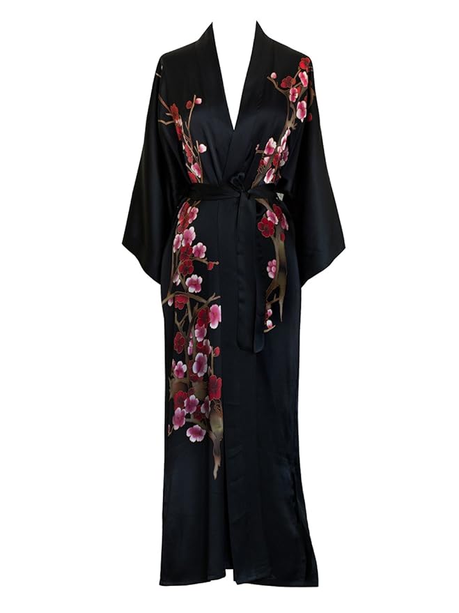 Old Shanghai Women's Silk Kimono Long Robe Handpainted, Cherry Blossom Black at Amazon Women’s