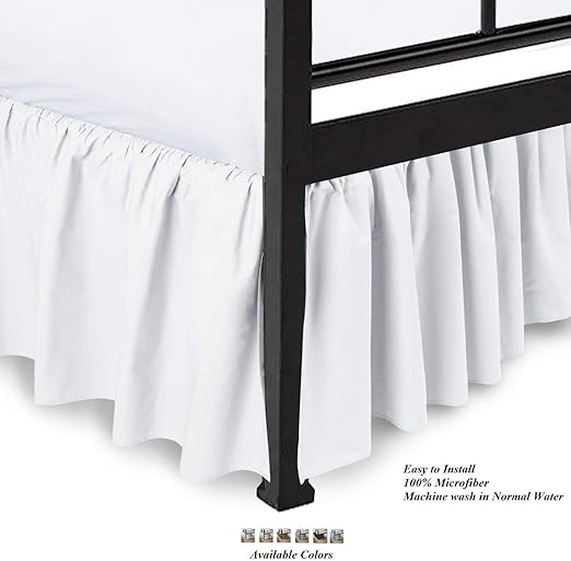 King Size, White Solid Ruffled Bed Skirt with Split