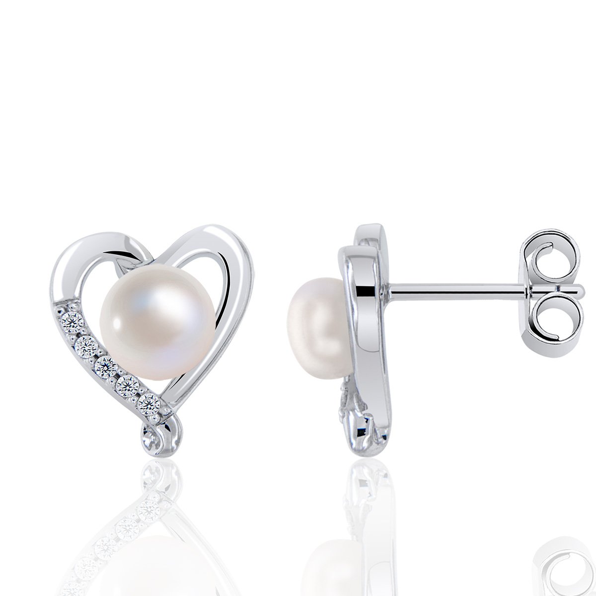 PLANETYS - 925 Sterling Silver Rhodium Finishing Heart Earrings Cultured Pearls Cubic Zirconia