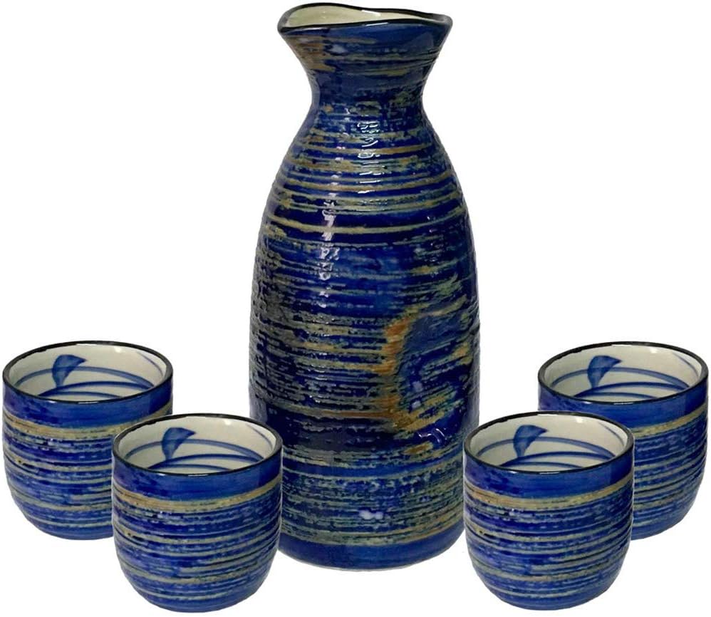 KCHAIN 5PCS Ceramic Sake set with 1pc 9.5oz 280ml Sake Carafe and 4pc 1.7oz 50ml Sake Cups