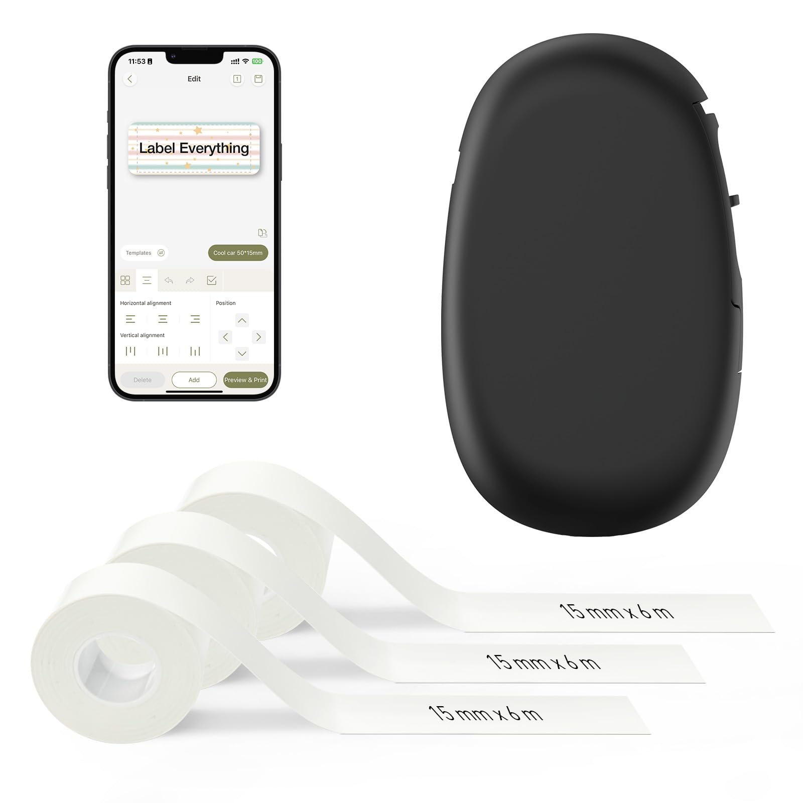 SUPVAN E10 Mini Bluetooth Label Maker Machine with 3 Tapes, Waterproof Label, Versatile App with 30+ Fonts and 660+ Icons, Inkless Labeler for Home, Kitchen, School, Office Organization, Black