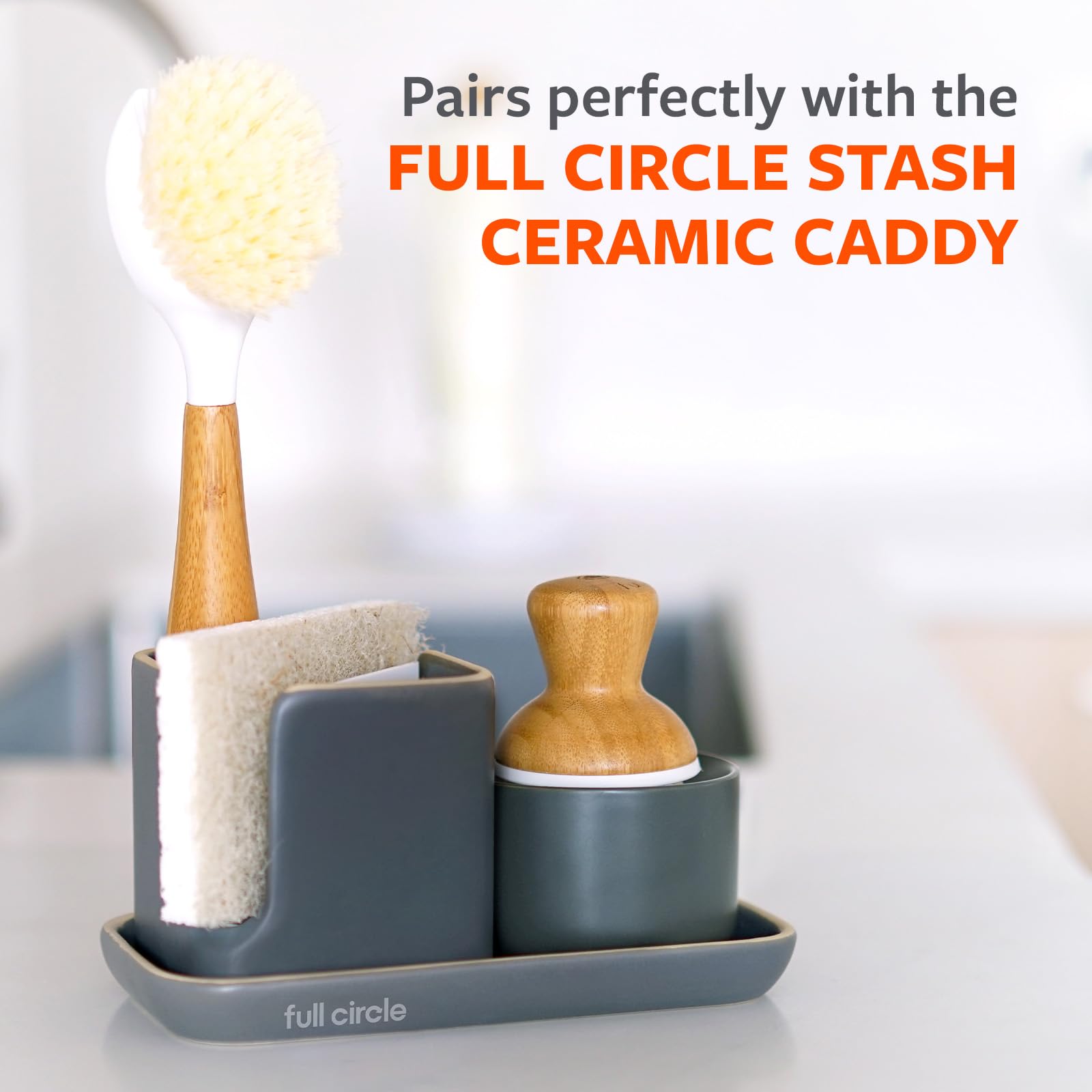 Full Circle Bubble Up Bamboo Dish Brush & Ceramic Soap Dispenser-Family Safe, Formaldehyde-Free-Kitchen Scrub Brush for Dishes, Nonstick & Cast Iron,Gray