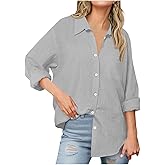 Linen Shirts for Women Full Button Down Casual Long Sleeve Blouse V-Neck Loose Work Tunic Tops with Pocket