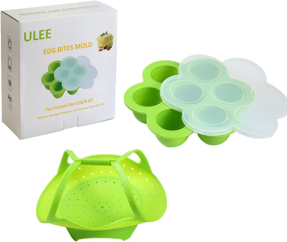 ULEE 2-Pack Instant Pot Accessories - Silicone Egg Bites Mold + Silicone Steamer Basket - Perfect for 5/6/8 Quart Pressure Cooker Accessory (Green)