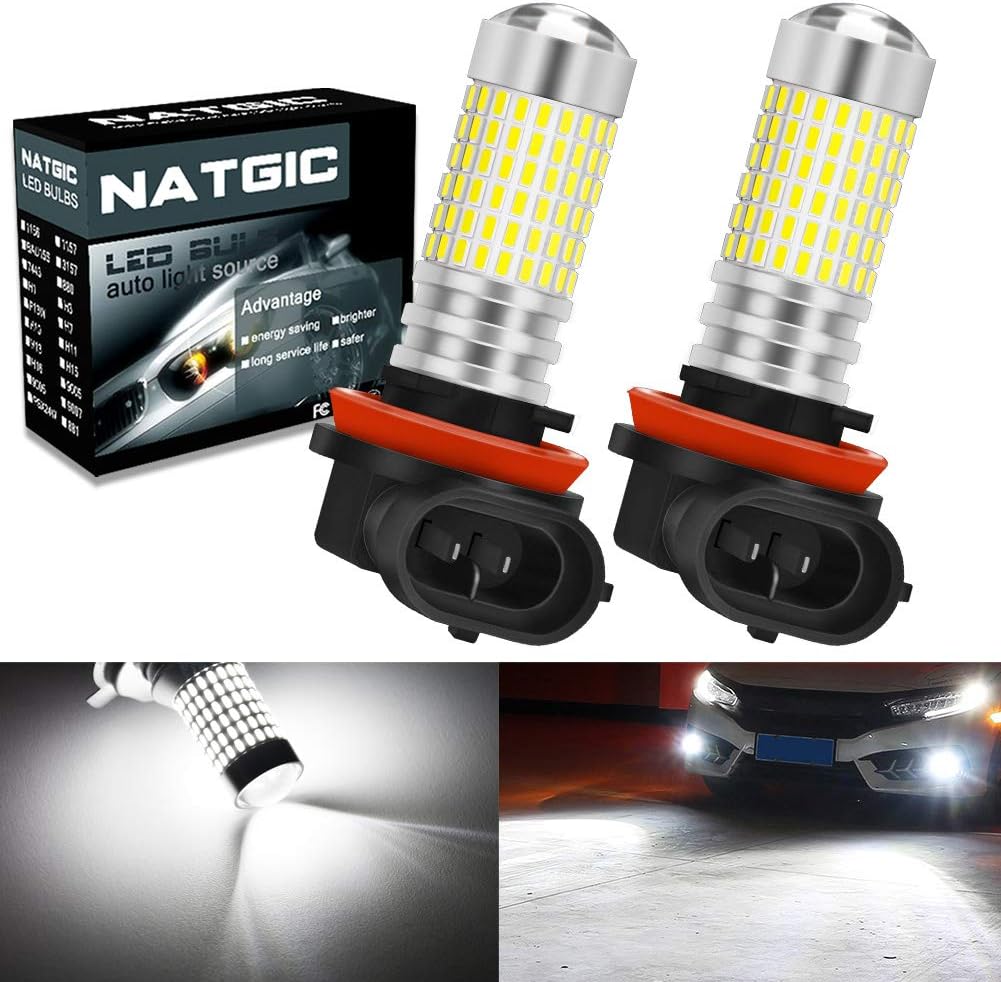 NATGIC H11 H9 H8 LED Fog Light Bulbs Xenon White 3000LM 3014 SMD 144-EX Chipsets with Lens Projector for Auto Exterior Fog Lamp Fog Light, 12-24V (2-Pack)