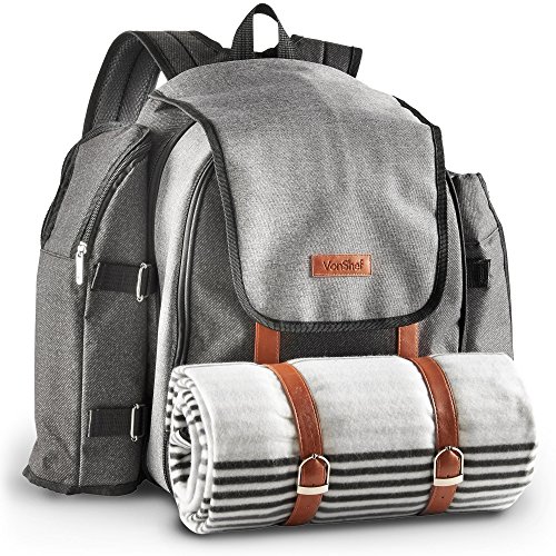 [- VonShef Ash 4 Person Picnic Backpack Bag With Blanket – Premium Woven Grey Finish & Le