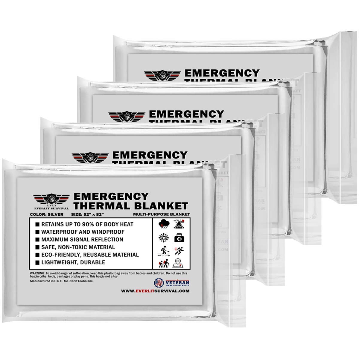 EVERLIT Emergency Mylar Thermal Blanket (4 Pack) Space Blankets for