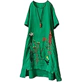 Minibee Women's Embroidered Linen Dress Summer A-Line Sundress Hi Low Tunic Clothing