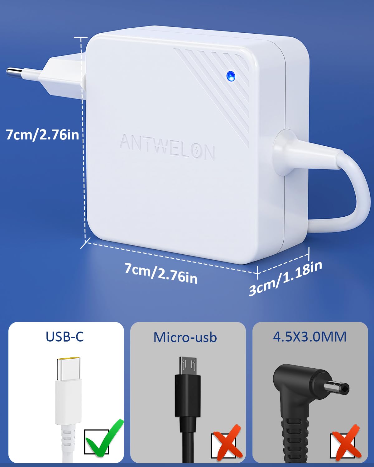 ANTWELON 65W USB C Netzteil Laptop Ladekabel für Lenovo Thinkpad Yoga, Asus, MacBook Pro, Dell Latitude Inspiron,HP Spectre, Acer Chromebook Matebook Wallplug 20V 3,25A TYPEC Ladegerät 3