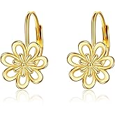 Daisy Earrings for Women 14K Yellow Gold Daisy Flower Leverback Dangle Hoop Earrings Jewelry Christmas Birthday Gifts for Teens Girls