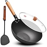 WANGYUANJI 11.8" High Purity Iron Wok Pan,Flat Bottom Stir Fry Pan for Electric,Induction & Gas Stoves,No Chemical Coating Carbon Steel Alternative,Traditional Hand-Hammered Skillet for Cooking