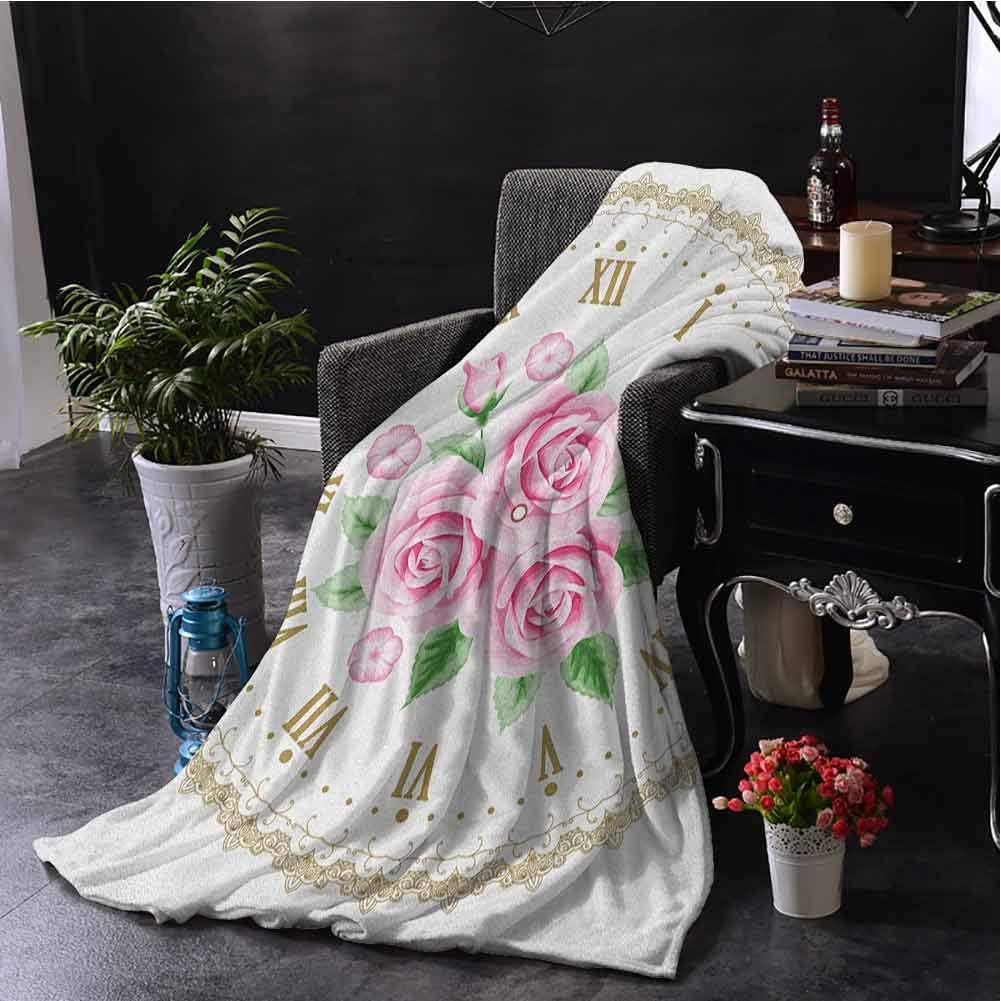 Teal Blanket Shabby Chic Vintage Clock Face Roses Roman Numbers Antique Vintage Style Pale Pink Green Dark Khaki Couch Bed Napping Reading Recliner W60 xL50