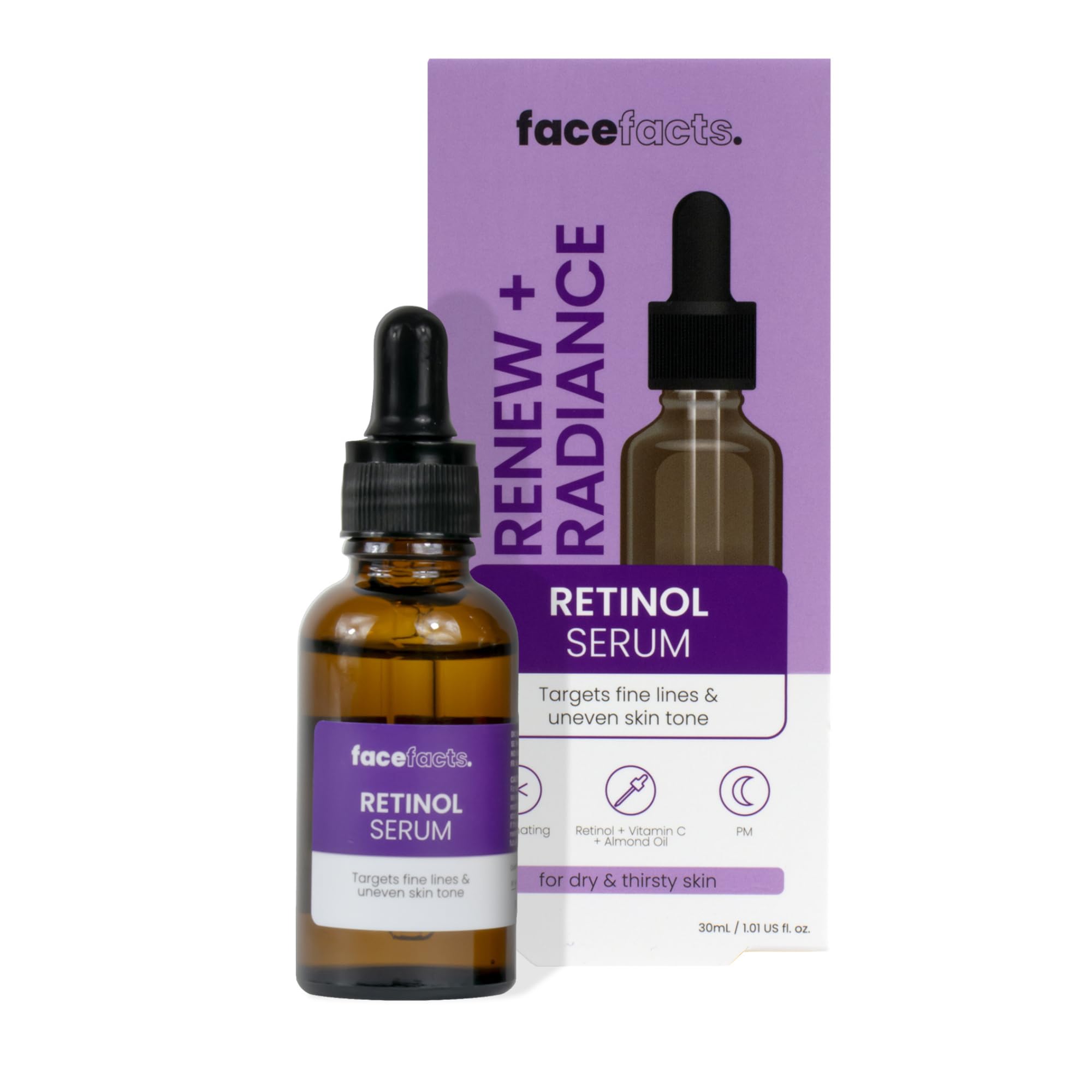 Face Facts Renewing Facial Night Serum; Gentle level retinol (vitamin A), hydrating rice protein and brightening Vitamin C, renews and illuminates; Targets fine lines and uneven skin tone 30ml