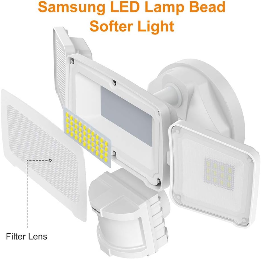 LEPOWER 1600LM LED Solar Security Lights Motion Outdoor, Super Bright Solar Motion Sensor Light, 5500K White Light, IP65 Waterproof Flood Light with 3 Adjustable Head for Yard, Garage - - 