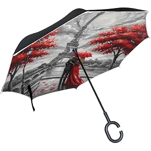 ALAZA Paris Eiffel Tower France Artwork Stylish Inverted Umbrella | Large Reverse Upside Down Umbrella for Rain Car Stick Umb