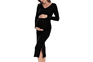LAHILO V Neck Side Ruch Knit Ribbed Maternity Bodycon Dress，Maternity Dress for Baby Shower