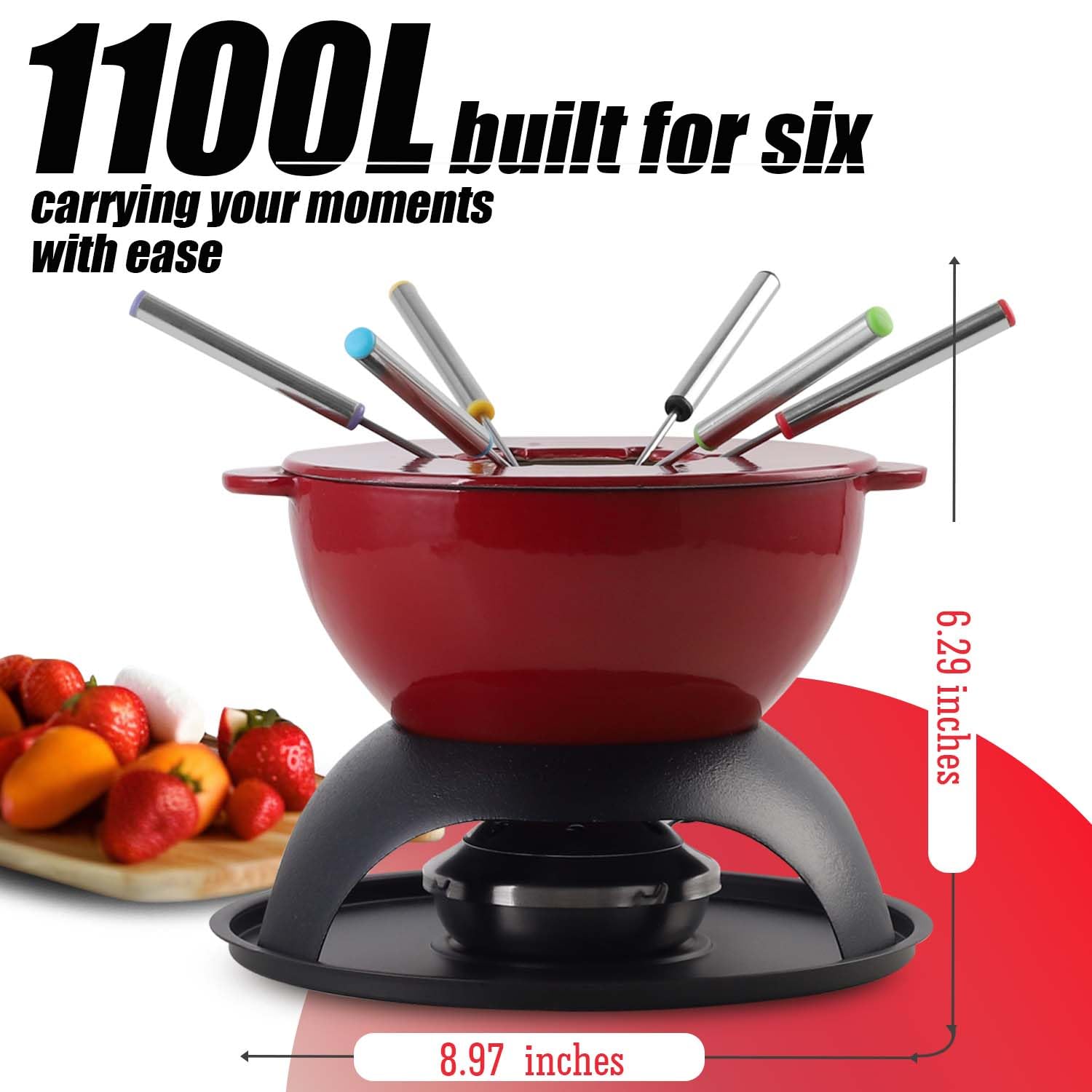 Artestia Cast Iron Cheese Fondue Set 11-Piece with Adjustable Burner, 6 Colored Forks, 5-Cup Red Swiss Fondue Set for Cheese, Chocolate, Caramel, Meat – Family Size 4-6 Persons