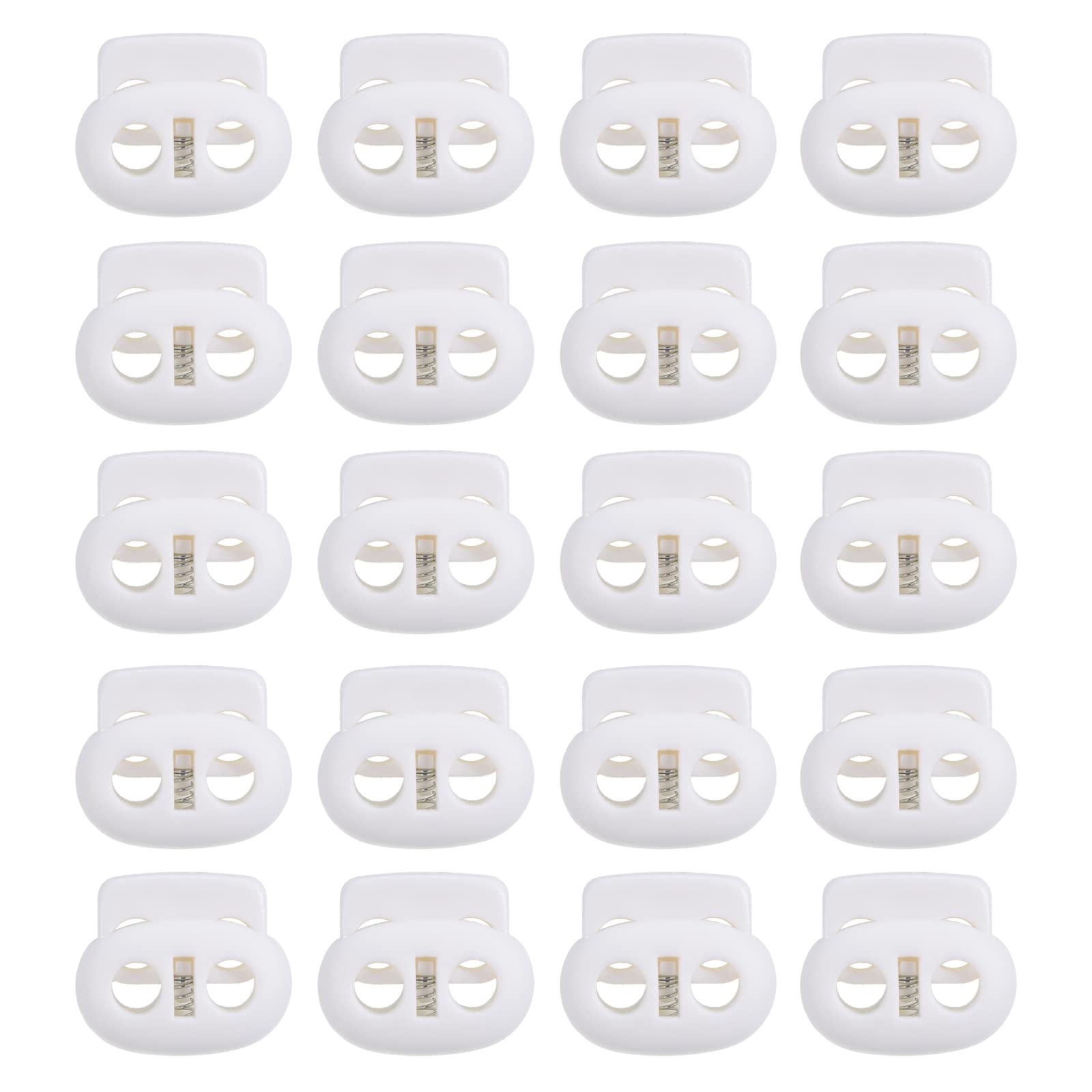 PATIKIL 0.7x0.8 Cord Locks, 100 Pack Double Hole Spring End Toggle Stopper for Drawstring Bag Shoelaces, White