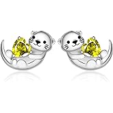 Cute Otter Earrings for Women - 925 Sterling Silver Birthstone Sea Otter Stud Earrings Cute Animal Stud Heart-Shaped CZ Hypoallergenic Jewelry Gift
