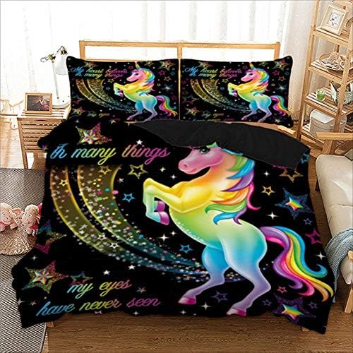 Unicorn Bedding Set Star Cartoon Duvet Cover Pillow Cases Twin Full Queen King Super King Size Kids Bedclothes Bed Cover (Black)