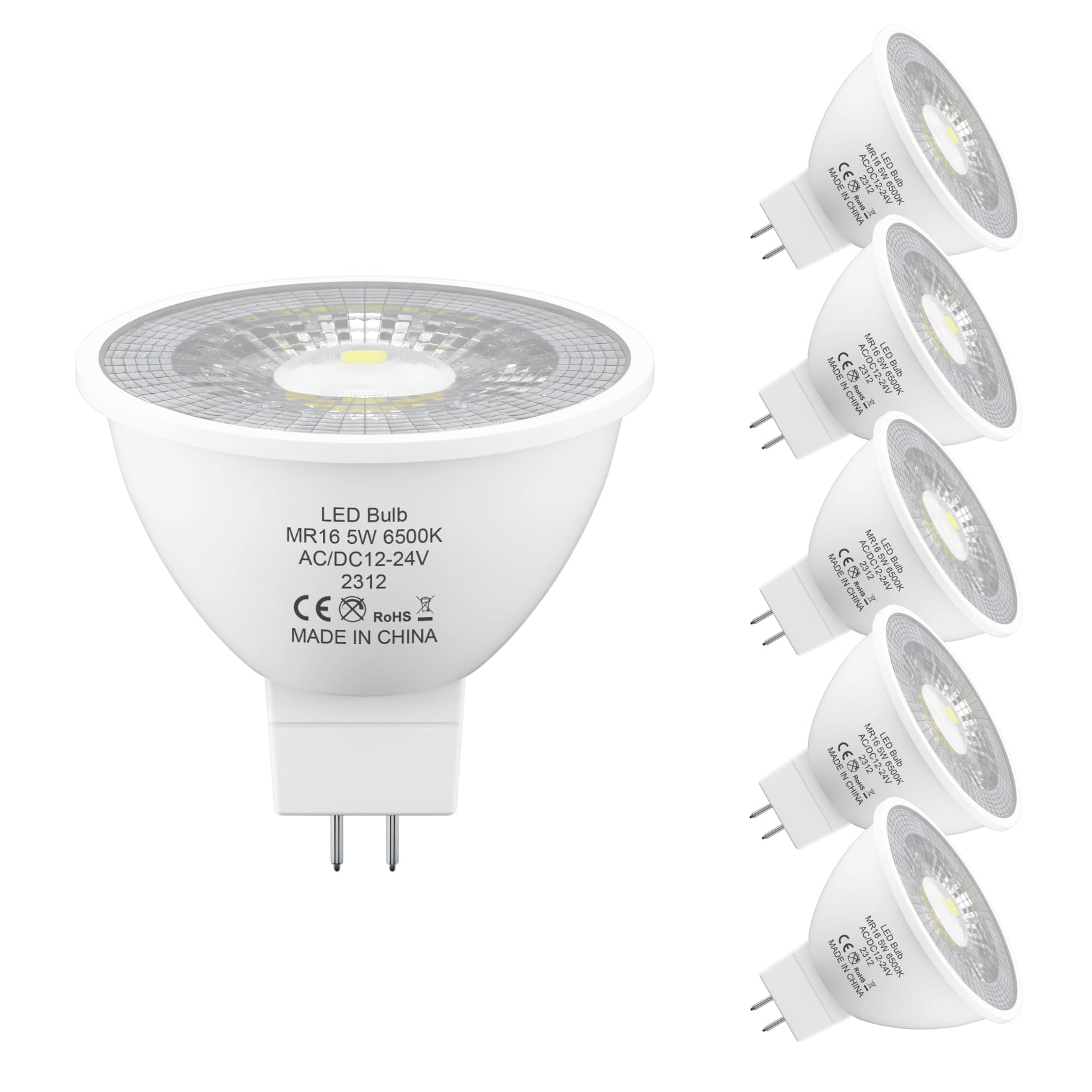 LUTW MR16 LED Bulbs Cool White 6500K, AC/DC 12V/24V GU5.3 LED Spotlight Bulbs, 5W 470LM Light Bulb Equivalent 50W MR16 Halogen Bulb, Non-dimmable, 38° Beam Angle, for Landscape, Track Lighting, 6 Pack